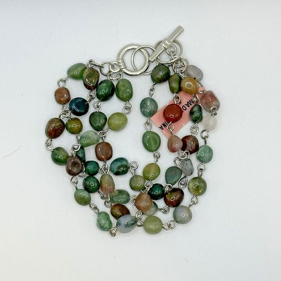 Stone Bracelet Green & Brown Agate Multi Strand Crystal Bead Toggle Clasp Boho - Picture 1 of 6